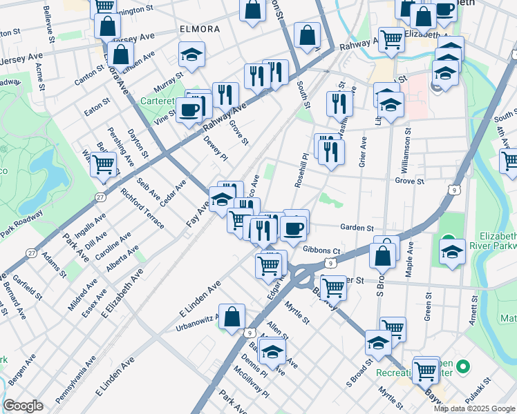 map of restaurants, bars, coffee shops, grocery stores, and more near 444-446 New York Avenue in Elizabeth