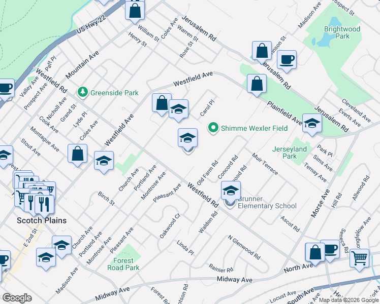 map of restaurants, bars, coffee shops, grocery stores, and more near 641 Westfield Rd in Scotch Plains