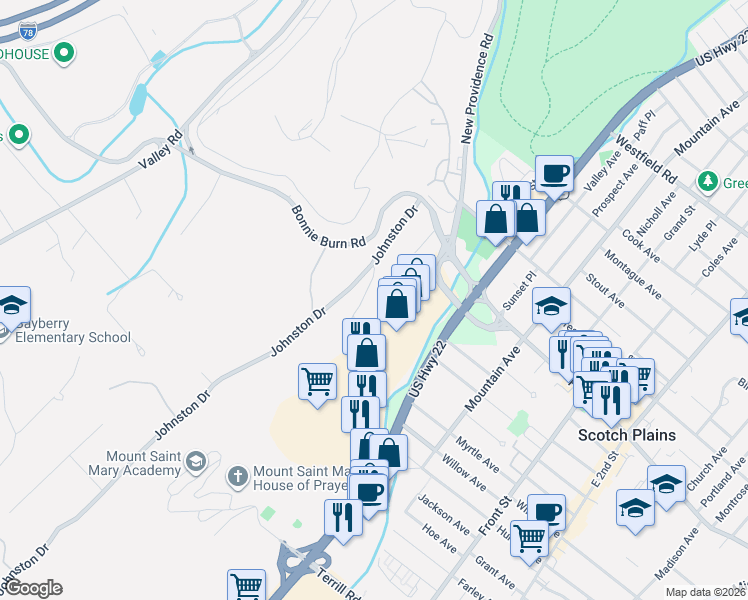 map of restaurants, bars, coffee shops, grocery stores, and more near 1280 Johnston Drive in Watchung