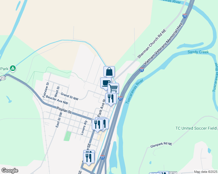 map of restaurants, bars, coffee shops, grocery stores, and more near 340 Park Avenue Southwest in Bolivar