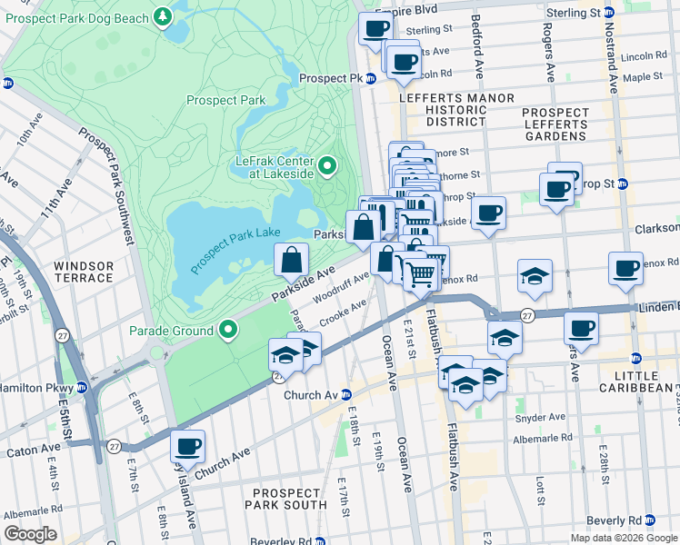 map of restaurants, bars, coffee shops, grocery stores, and more near 152 Parkside Avenue in Brooklyn
