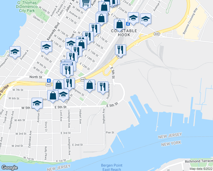 map of restaurants, bars, coffee shops, grocery stores, and more near 96 Oak Street in Bayonne
