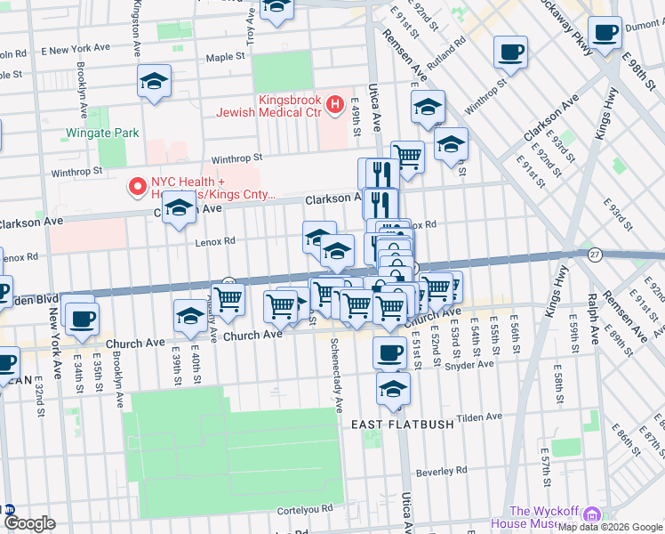 map of restaurants, bars, coffee shops, grocery stores, and more near 675 Linden Boulevard in Brooklyn
