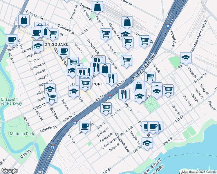 map of restaurants, bars, coffee shops, grocery stores, and more near 431 Fulton Street in Elizabeth