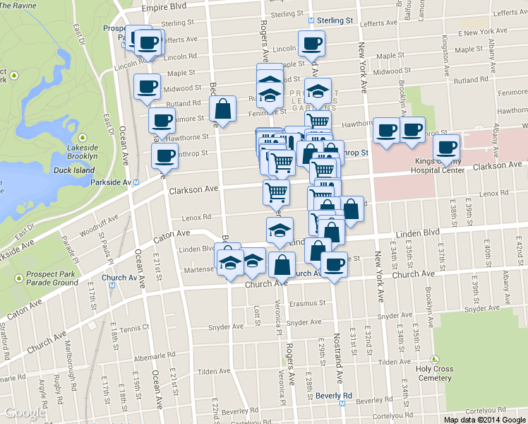 map of restaurants, bars, coffee shops, grocery stores, and more near 175 Lenox Road in Brooklyn