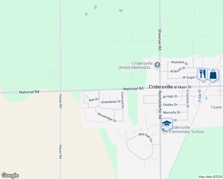 map of restaurants, bars, coffee shops, grocery stores, and more near 15311 National Road in Wapakoneta