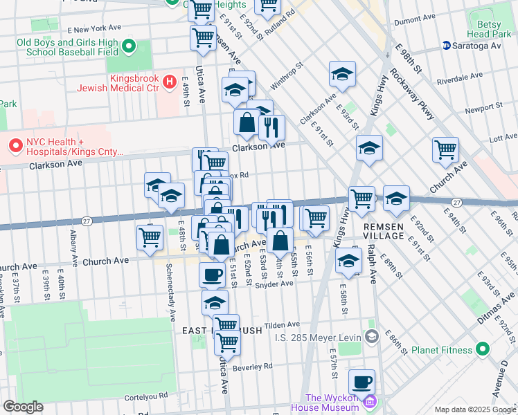 map of restaurants, bars, coffee shops, grocery stores, and more near 246 East 53rd Street in Brooklyn