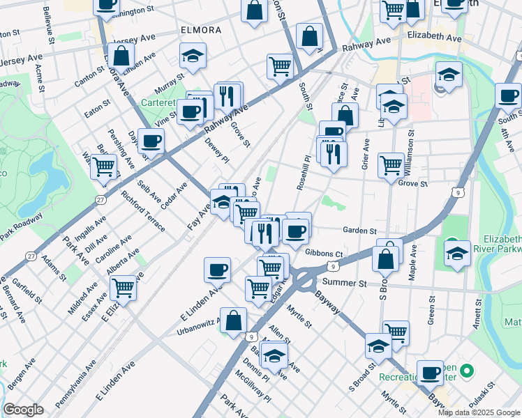 map of restaurants, bars, coffee shops, grocery stores, and more near 444-446 New York Avenue in Elizabeth