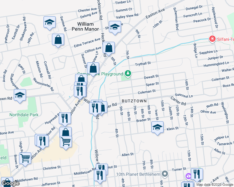 map of restaurants, bars, coffee shops, grocery stores, and more near 2635 5th Street in Bethlehem