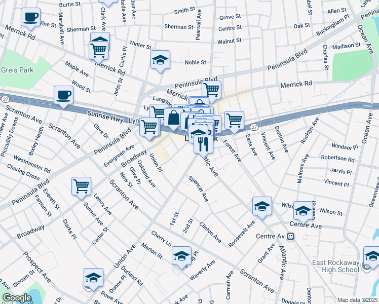 map of restaurants, bars, coffee shops, grocery stores, and more near 9 Union Avenue in Lynbrook