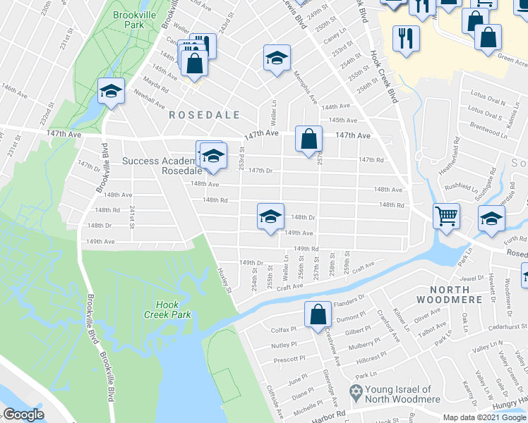 map of restaurants, bars, coffee shops, grocery stores, and more near 253-45 148th Drive in Queens