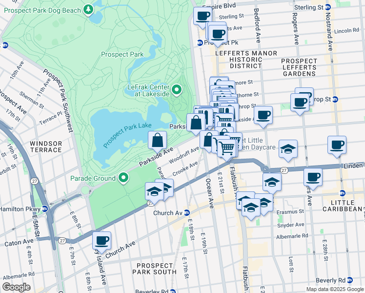 map of restaurants, bars, coffee shops, grocery stores, and more near 152 Parkside Avenue in Brooklyn