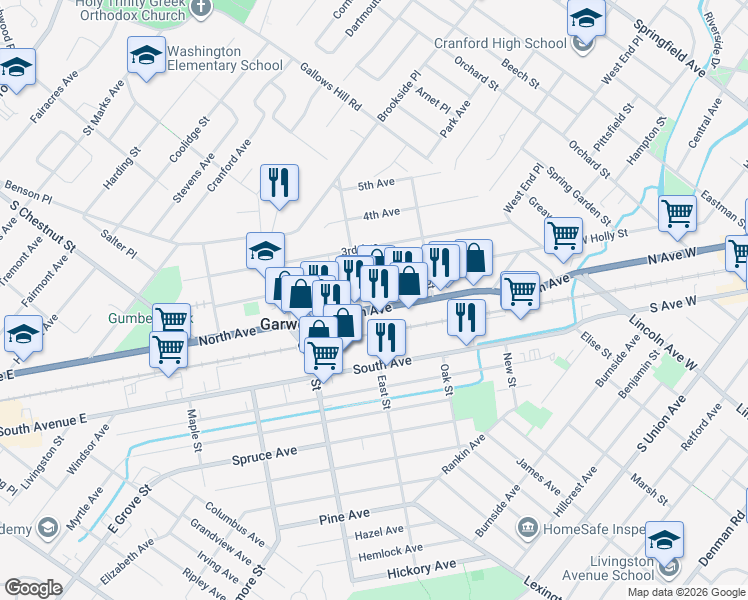 map of restaurants, bars, coffee shops, grocery stores, and more near 245 2nd Avenue in Garwood