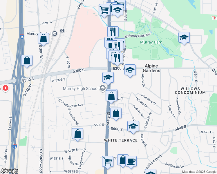 map of restaurants, bars, coffee shops, grocery stores, and more near 5440 South State Street in Murray