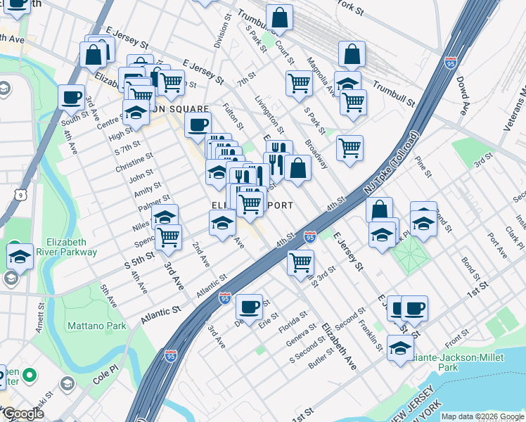 map of restaurants, bars, coffee shops, grocery stores, and more near in Elizabeth