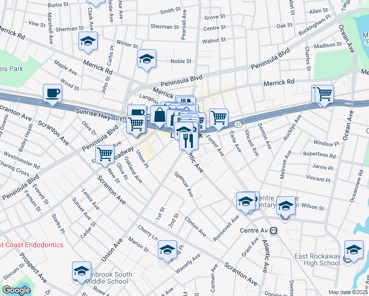 map of restaurants, bars, coffee shops, grocery stores, and more near 9 Union Avenue in Lynbrook