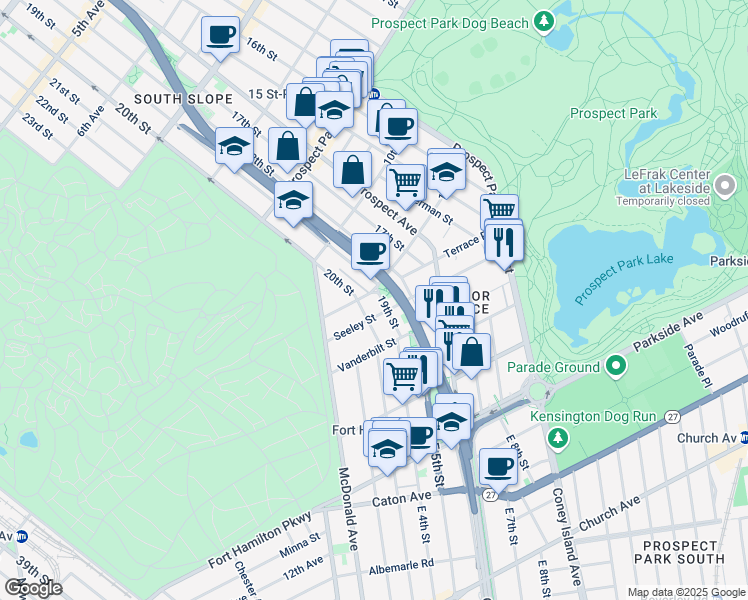 map of restaurants, bars, coffee shops, grocery stores, and more near 70 Terrace Place in Brooklyn