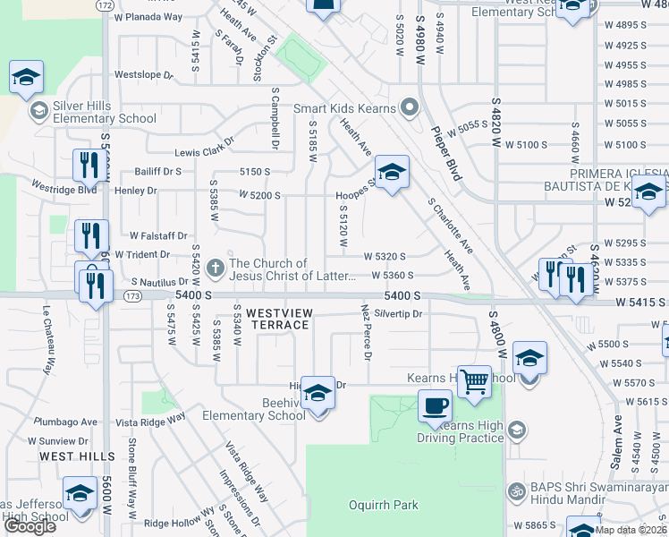map of restaurants, bars, coffee shops, grocery stores, and more near 5148 West 5320 South in Kearns
