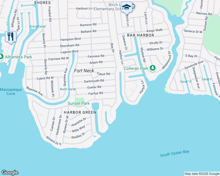 map of restaurants, bars, coffee shops, grocery stores, and more near 145 Exeter Road in Massapequa