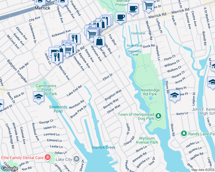 map of restaurants, bars, coffee shops, grocery stores, and more near 115 Hampton Way in Merrick