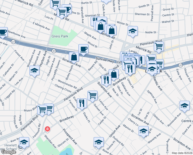 map of restaurants, bars, coffee shops, grocery stores, and more near 75 Sunrise Drive in Lynbrook