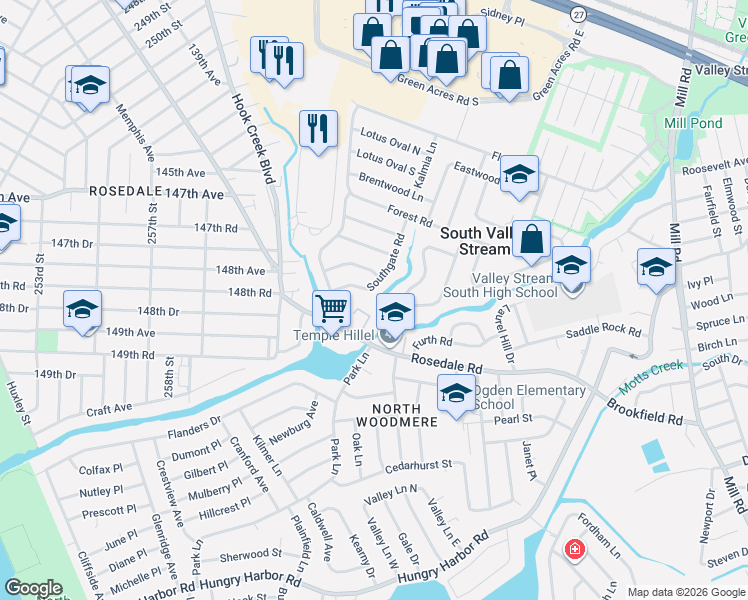 map of restaurants, bars, coffee shops, grocery stores, and more near 55 Southgate Road in Valley Stream