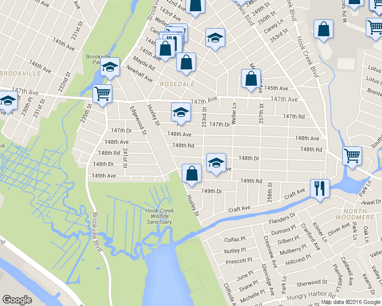 map of restaurants, bars, coffee shops, grocery stores, and more near 24900 148th Road in Queens