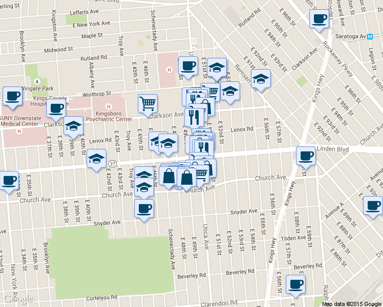 map of restaurants, bars, coffee shops, grocery stores, and more near 306 East 49th Street in Brooklyn