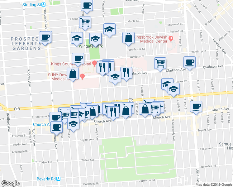 map of restaurants, bars, coffee shops, grocery stores, and more near 121 East 39th Street in Brooklyn