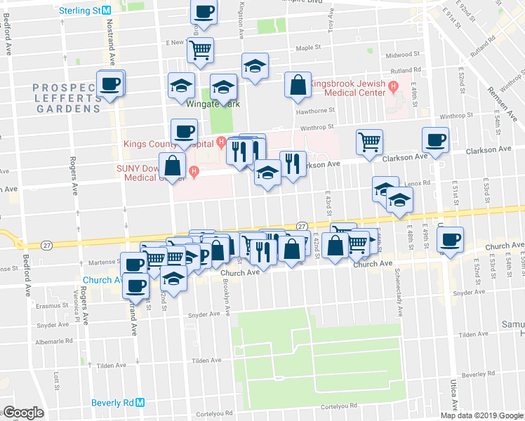 map of restaurants, bars, coffee shops, grocery stores, and more near 121 East 39th Street in Brooklyn
