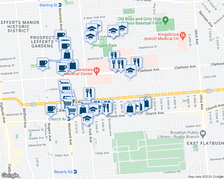 map of restaurants, bars, coffee shops, grocery stores, and more near 450 Lenox Road in Brooklyn
