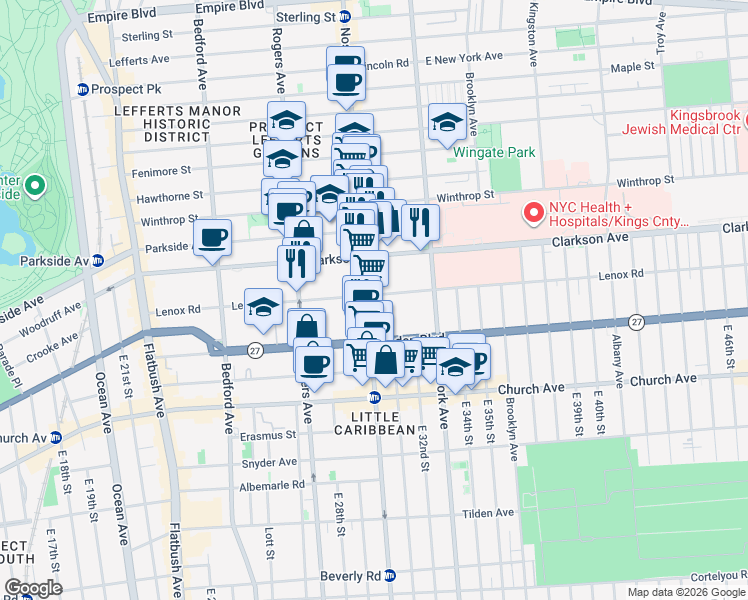map of restaurants, bars, coffee shops, grocery stores, and more near 1308 Nostrand Avenue in Brooklyn
