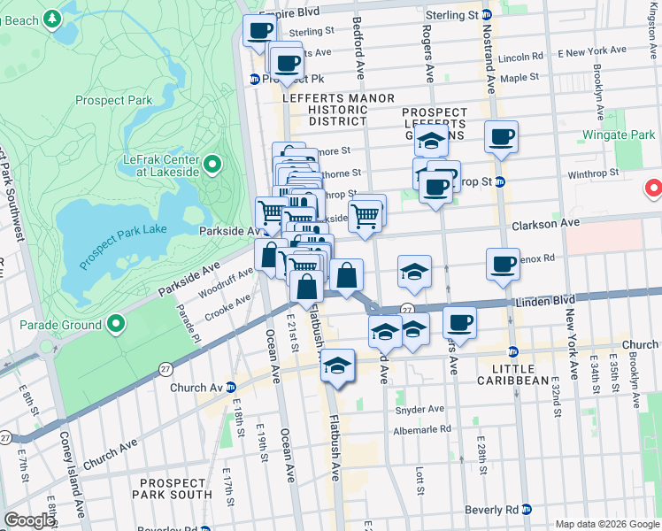 map of restaurants, bars, coffee shops, grocery stores, and more near 2123 Lenox Road in Brooklyn