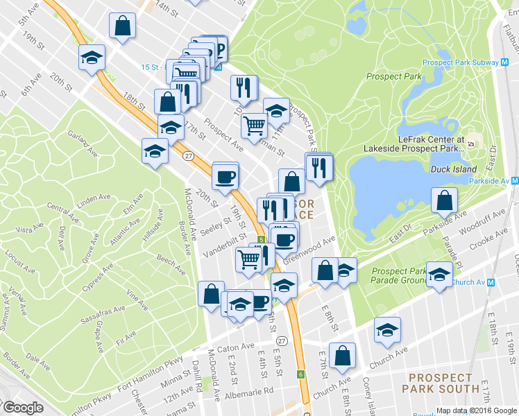 map of restaurants, bars, coffee shops, grocery stores, and more near 151 Seeley Street in Brooklyn