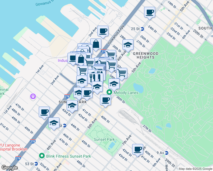 map of restaurants, bars, coffee shops, grocery stores, and more near 911 4th Avenue in Brooklyn