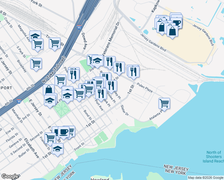 map of restaurants, bars, coffee shops, grocery stores, and more near 315 Second Street in Elizabeth