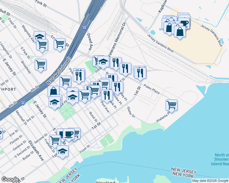 map of restaurants, bars, coffee shops, grocery stores, and more near 315 Second Street in Elizabeth