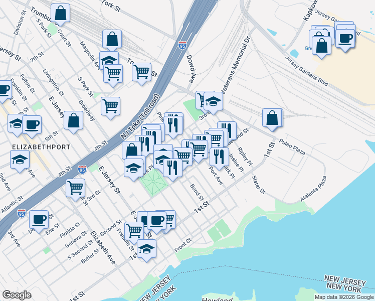 map of restaurants, bars, coffee shops, grocery stores, and more near 251 Pine Street in Elizabeth