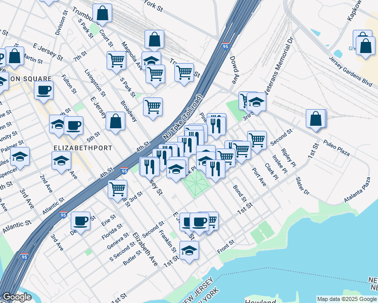 map of restaurants, bars, coffee shops, grocery stores, and more near 319 Court Street in Elizabeth