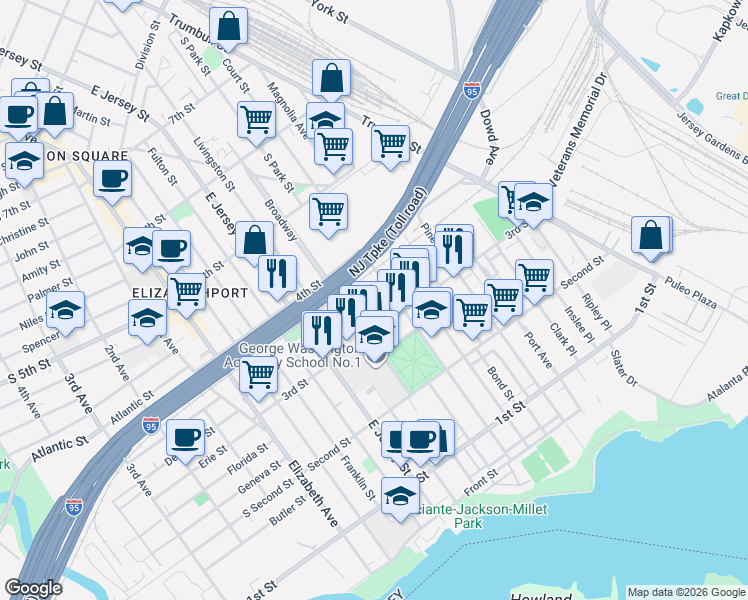 map of restaurants, bars, coffee shops, grocery stores, and more near 335 South Park Street in Elizabeth
