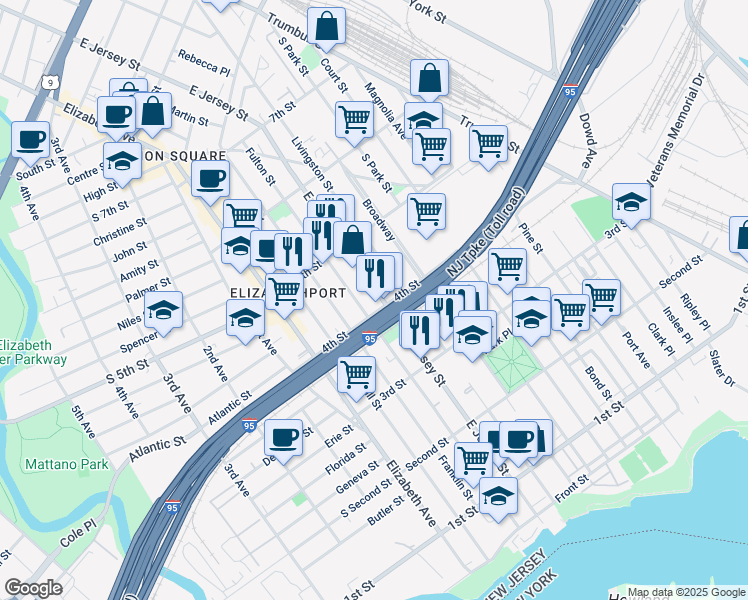 map of restaurants, bars, coffee shops, grocery stores, and more near 410 Livingston Street in Elizabeth