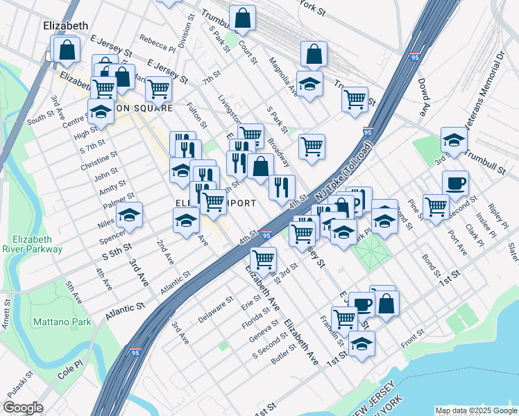 map of restaurants, bars, coffee shops, grocery stores, and more near 431 Fulton Street in Elizabeth