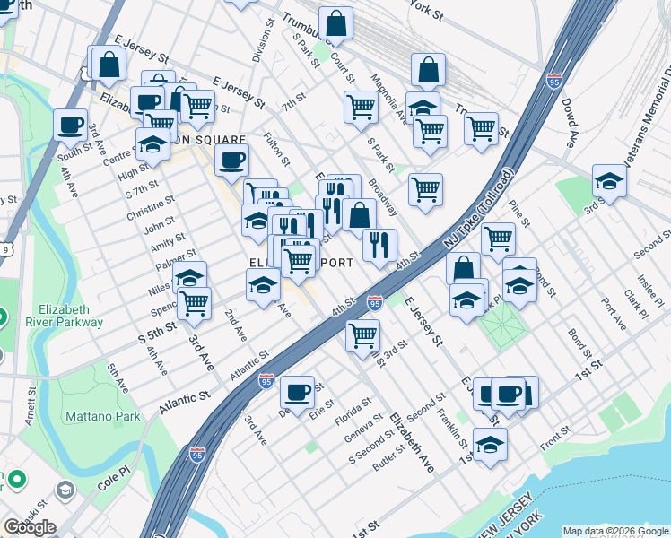 map of restaurants, bars, coffee shops, grocery stores, and more near 451 Franklin Street in Elizabeth