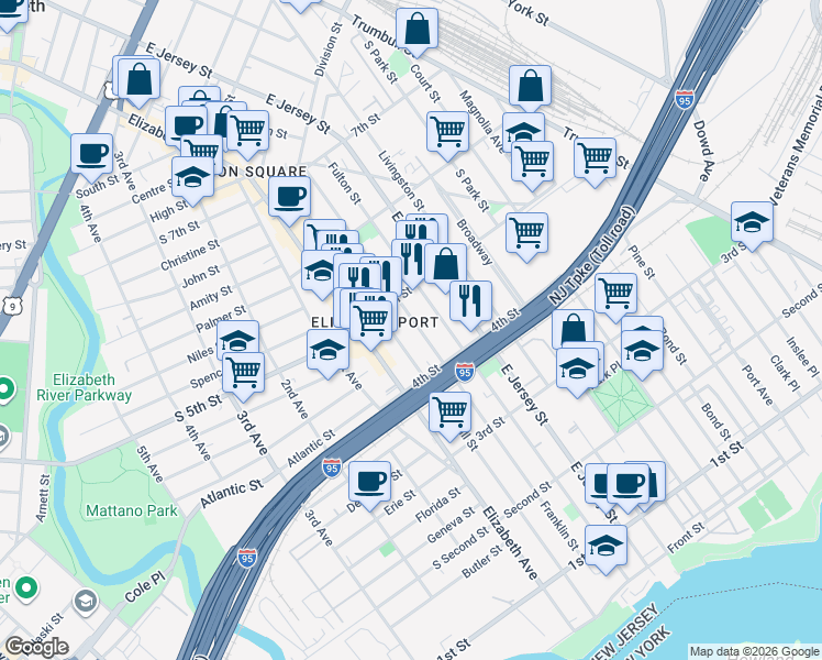 map of restaurants, bars, coffee shops, grocery stores, and more near 451 Franklin Street in Elizabeth