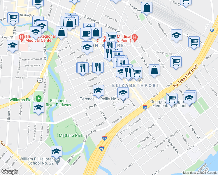 map of restaurants, bars, coffee shops, grocery stores, and more near 549 2nd Avenue in Elizabeth