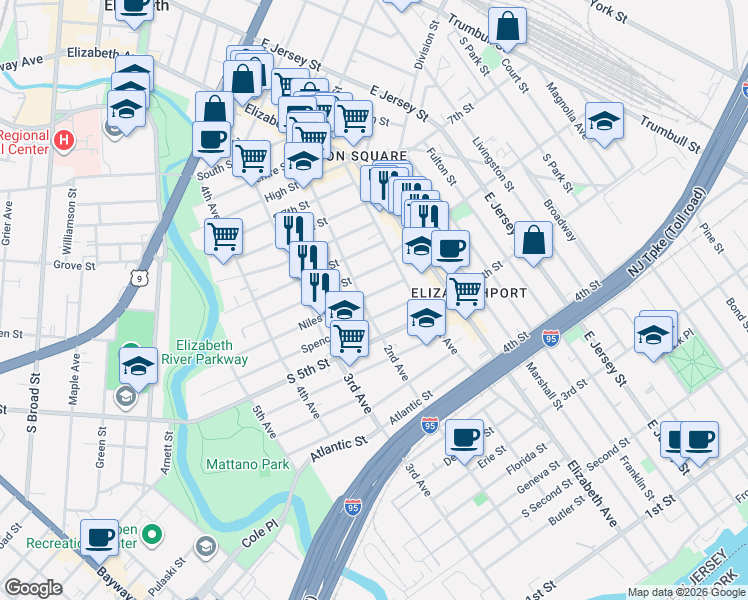 map of restaurants, bars, coffee shops, grocery stores, and more near 549 2nd Avenue in Elizabeth