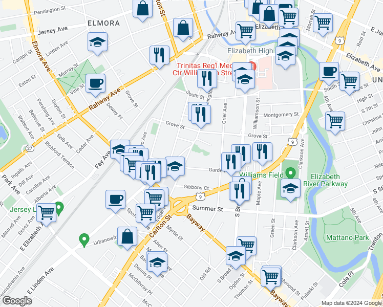 map of restaurants, bars, coffee shops, grocery stores, and more near in Elizabeth