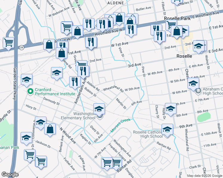 map of restaurants, bars, coffee shops, grocery stores, and more near 421 West 4th Avenue in Roselle