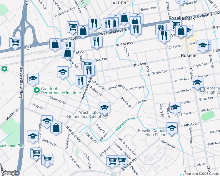 map of restaurants, bars, coffee shops, grocery stores, and more near 421 West 4th Avenue in Roselle
