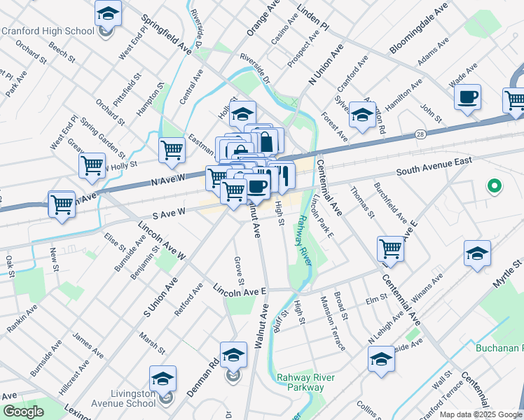 map of restaurants, bars, coffee shops, grocery stores, and more near 104 South Avenue East in Cranford